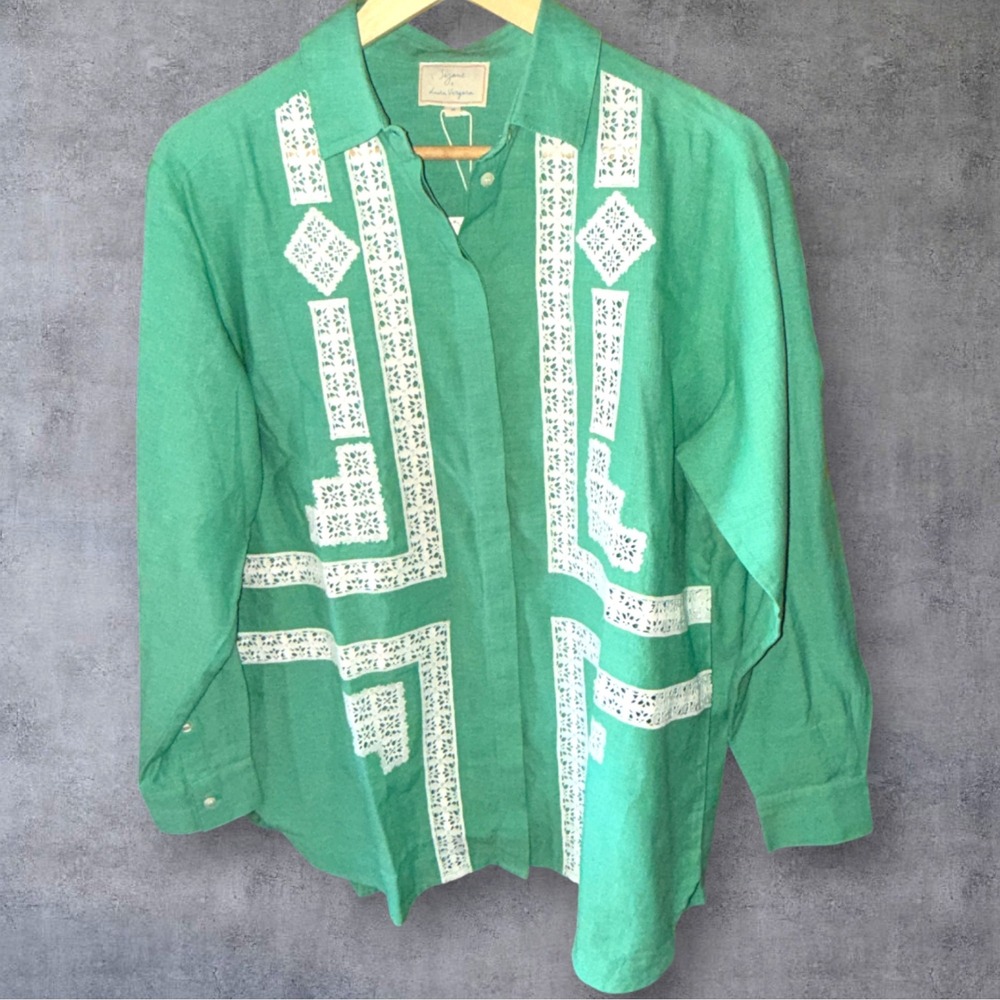 Sézane X Lucia Vergara Green Linen Embroidered Cottagecore Blouse Avant Garde - Picture 5 of 13